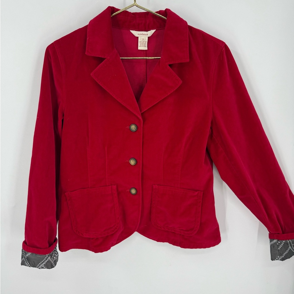 Sundance 100% cotton short red velvet cuffed sleeve jacket 8